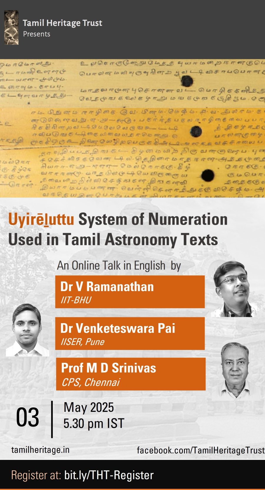 THT's monthly Online talk titled Uyirēḻuttu System of Numeration Used in Tamil Astronomy Texts