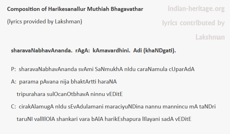 sharavaNabhavAnanda. rAgA: kAmavardhini. Adi (khaNDgati).   