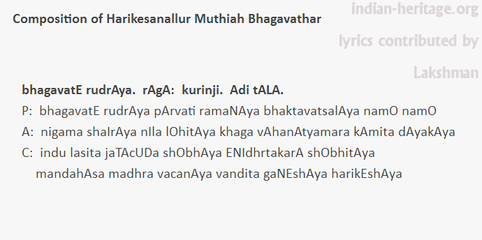 bhagavatE rudrAya.  rAgA:  kurinji.  Adi tALA.