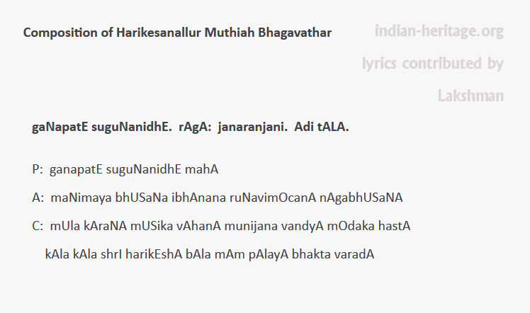 gaNapatE suguNanidhE. rAgA: janaranjani. Adi tAlA.